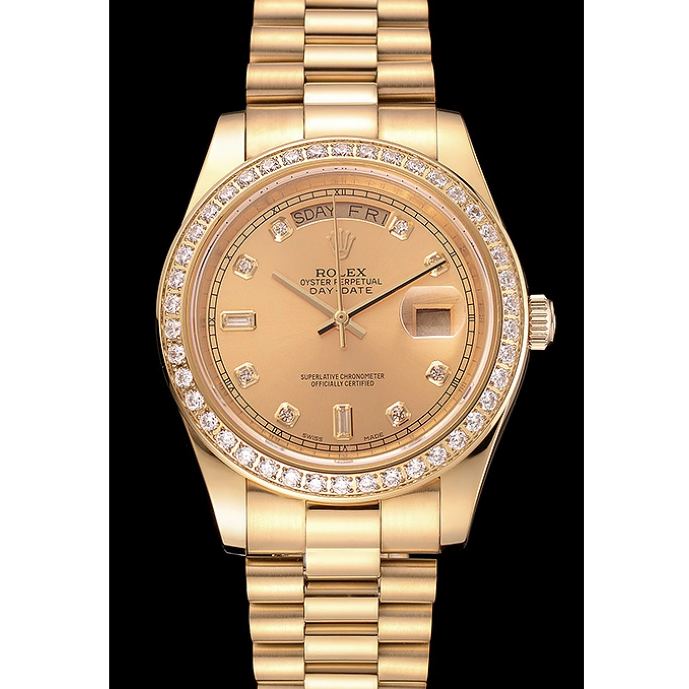 Aaa replica watch Dial 1454099 Swiss Bracelet Diamond Day-Date Bezel Gold Champagne Rolex 0730